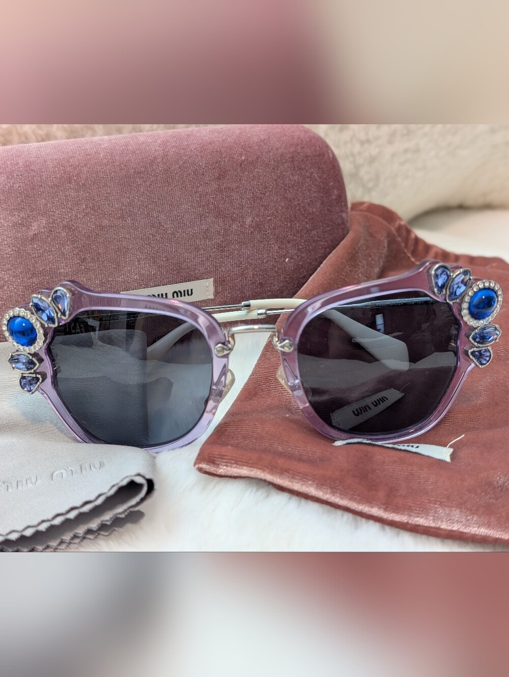 Like New Miu Miu MU03S Bejeweled Purple Transparent Frame Sunglasses